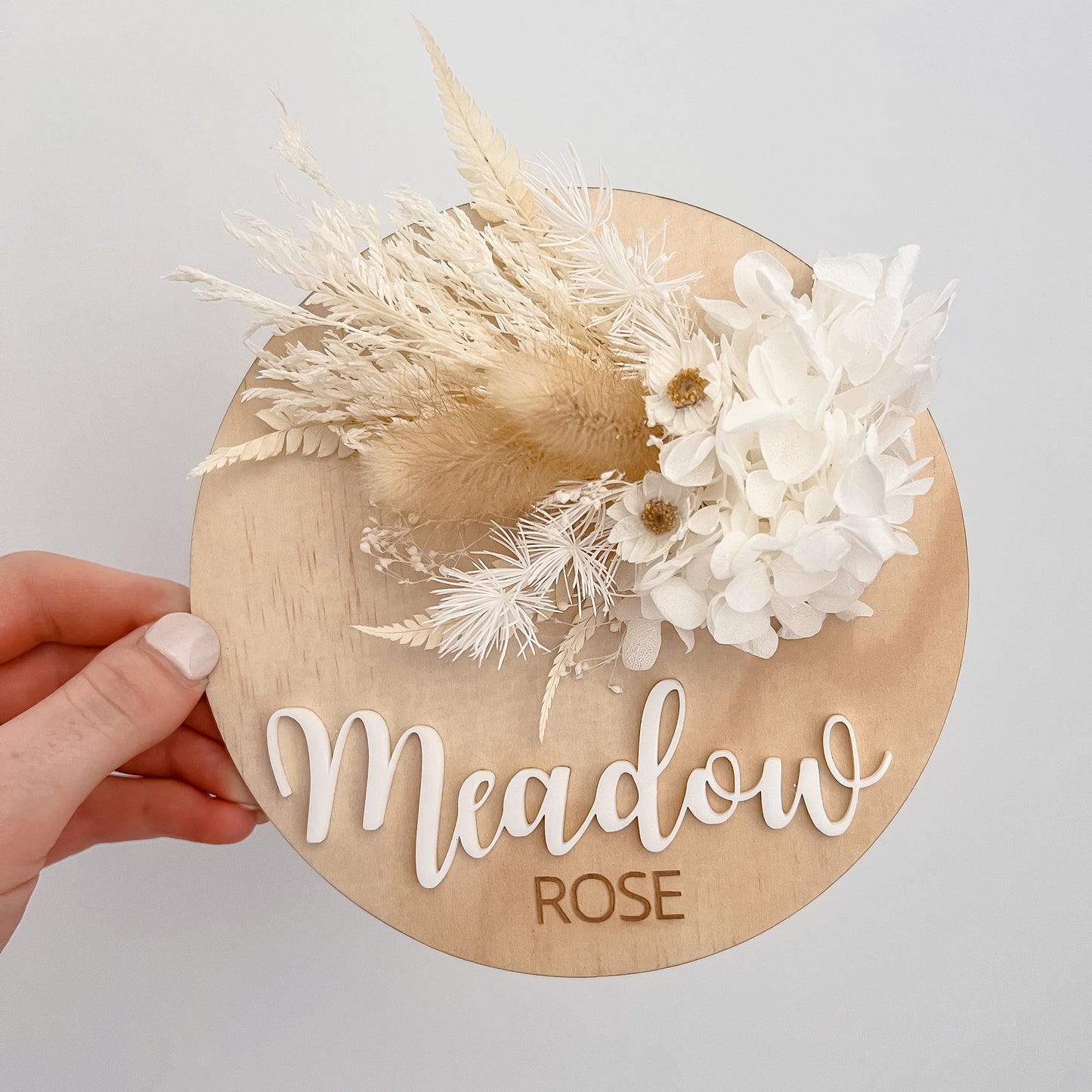 Wooden Name Plaque w/ dried flowers (Round)