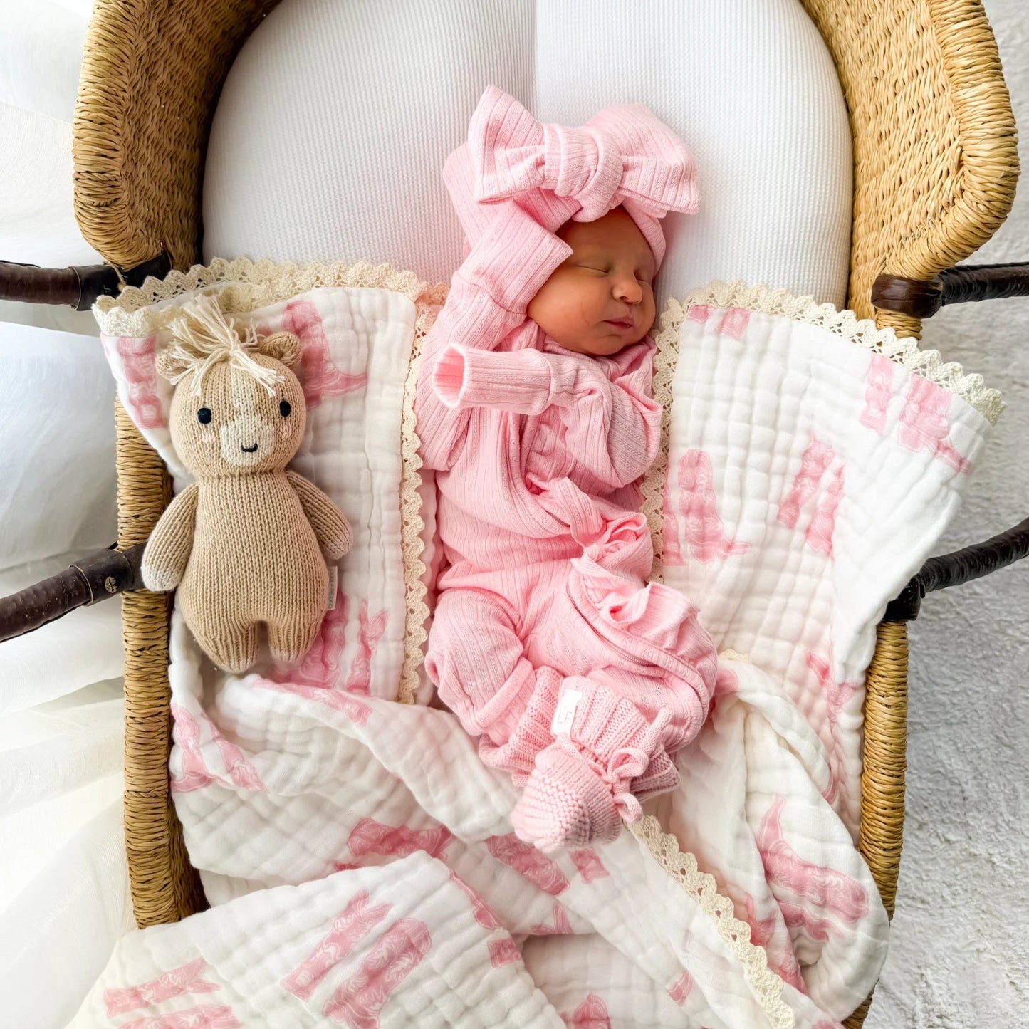 Newborn baby in a bassinet with pink outfit, bow, and teddy bear