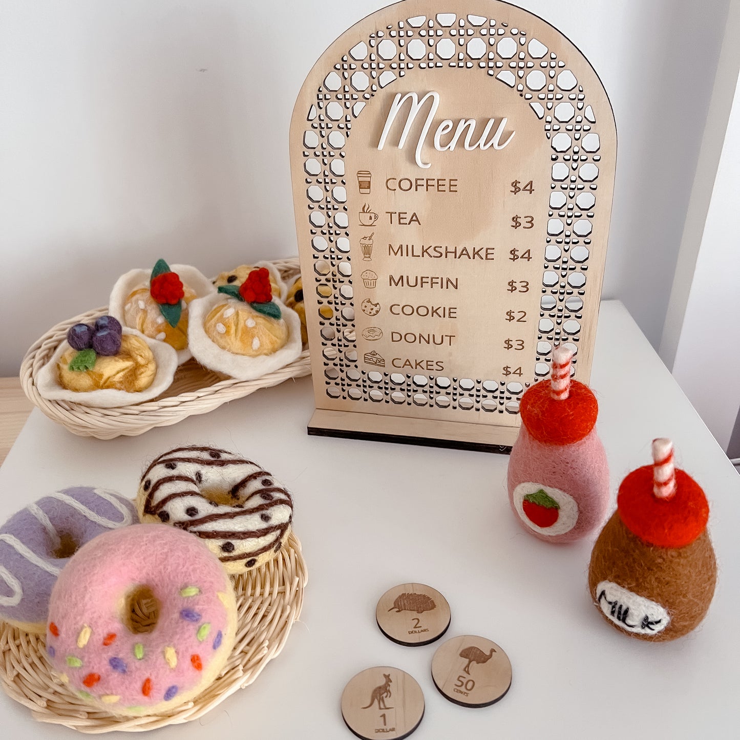 Wooden Rattan Look Play Cafe Menu w/ stand