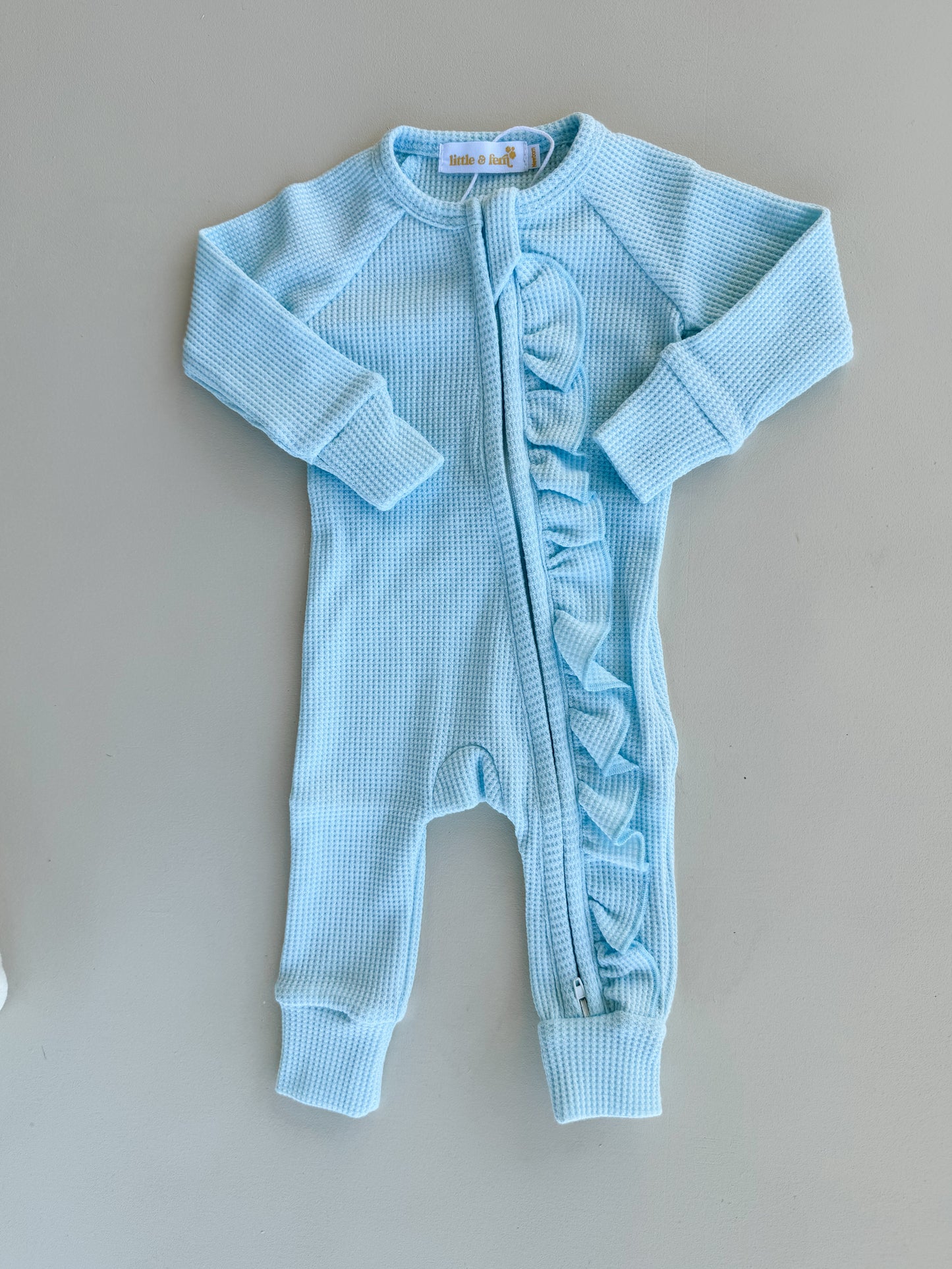 Frill Zip Romper - Baby Blue Waffle