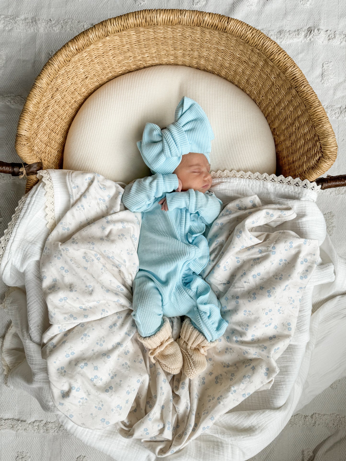 Frill Zip Romper - Baby Blue Waffle