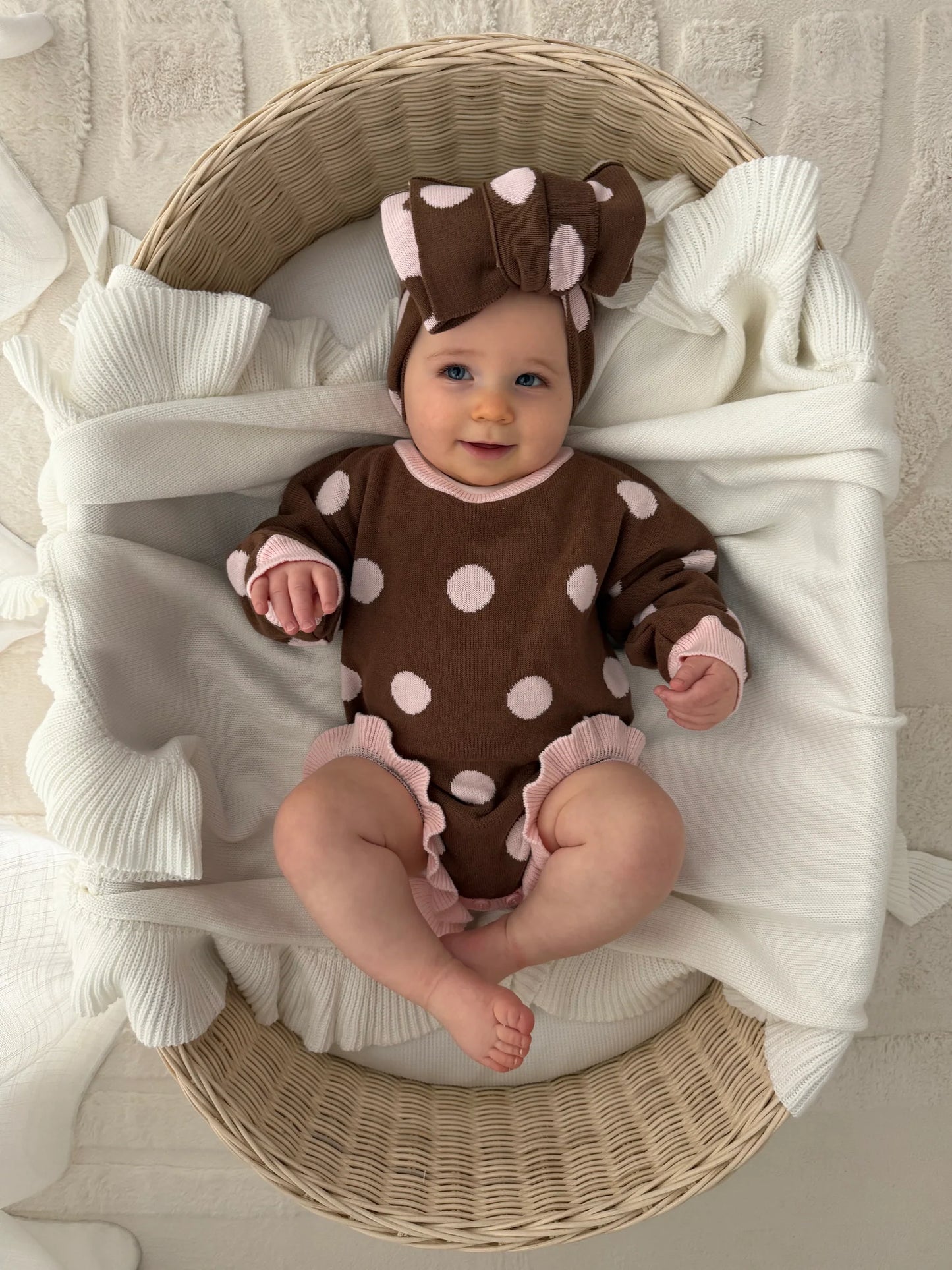 FRILL KNIT ROMPER | Choc Pink Polka