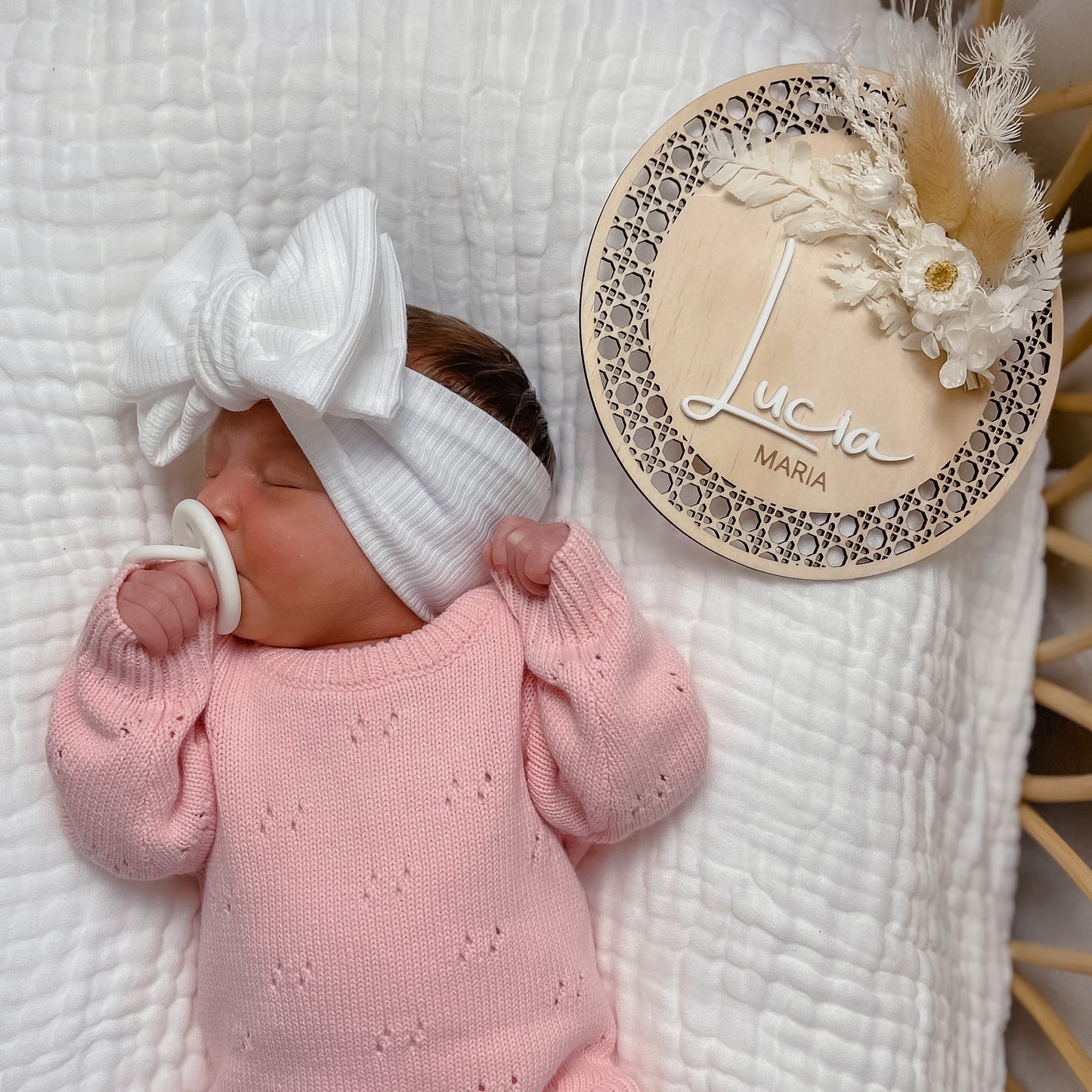 Wooden Rattan Look Name/Announcement Plaque w/ mini Posy