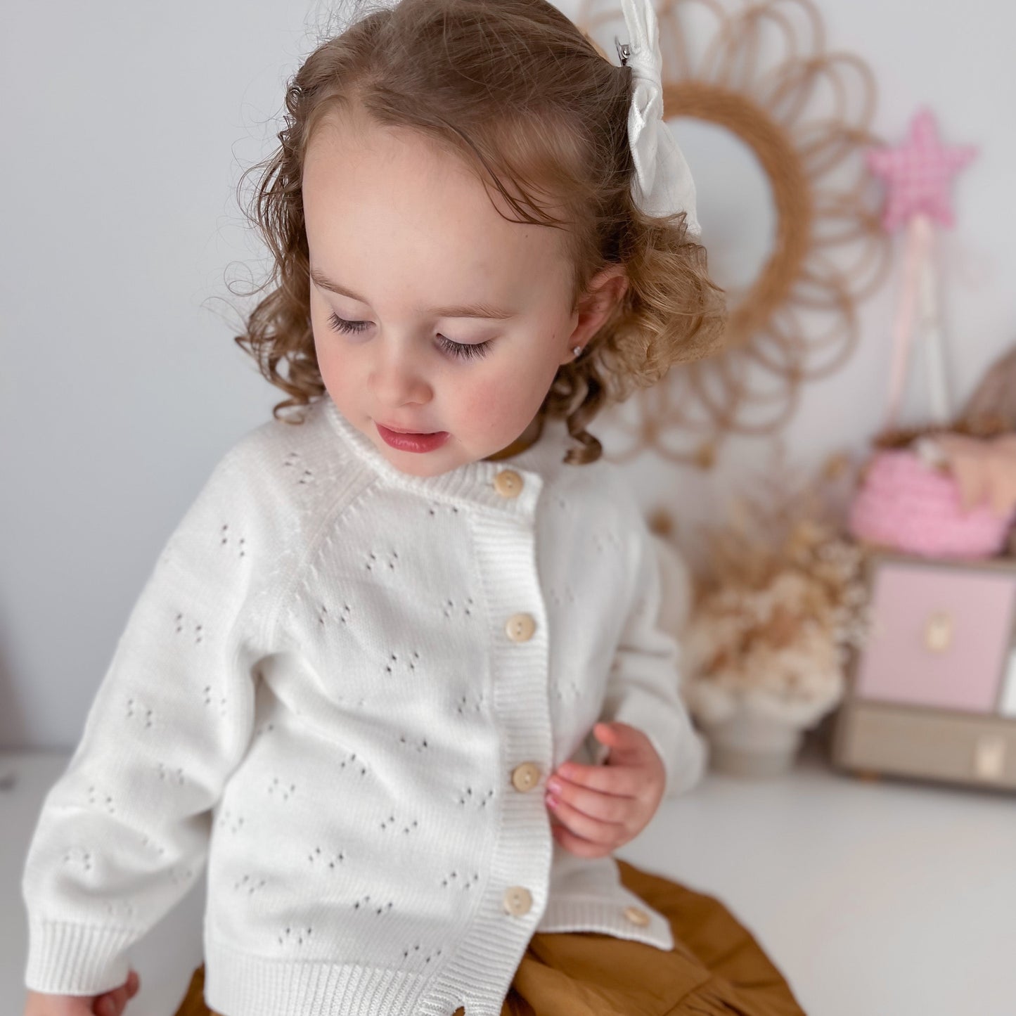 White Pointelle Knit Cardigan