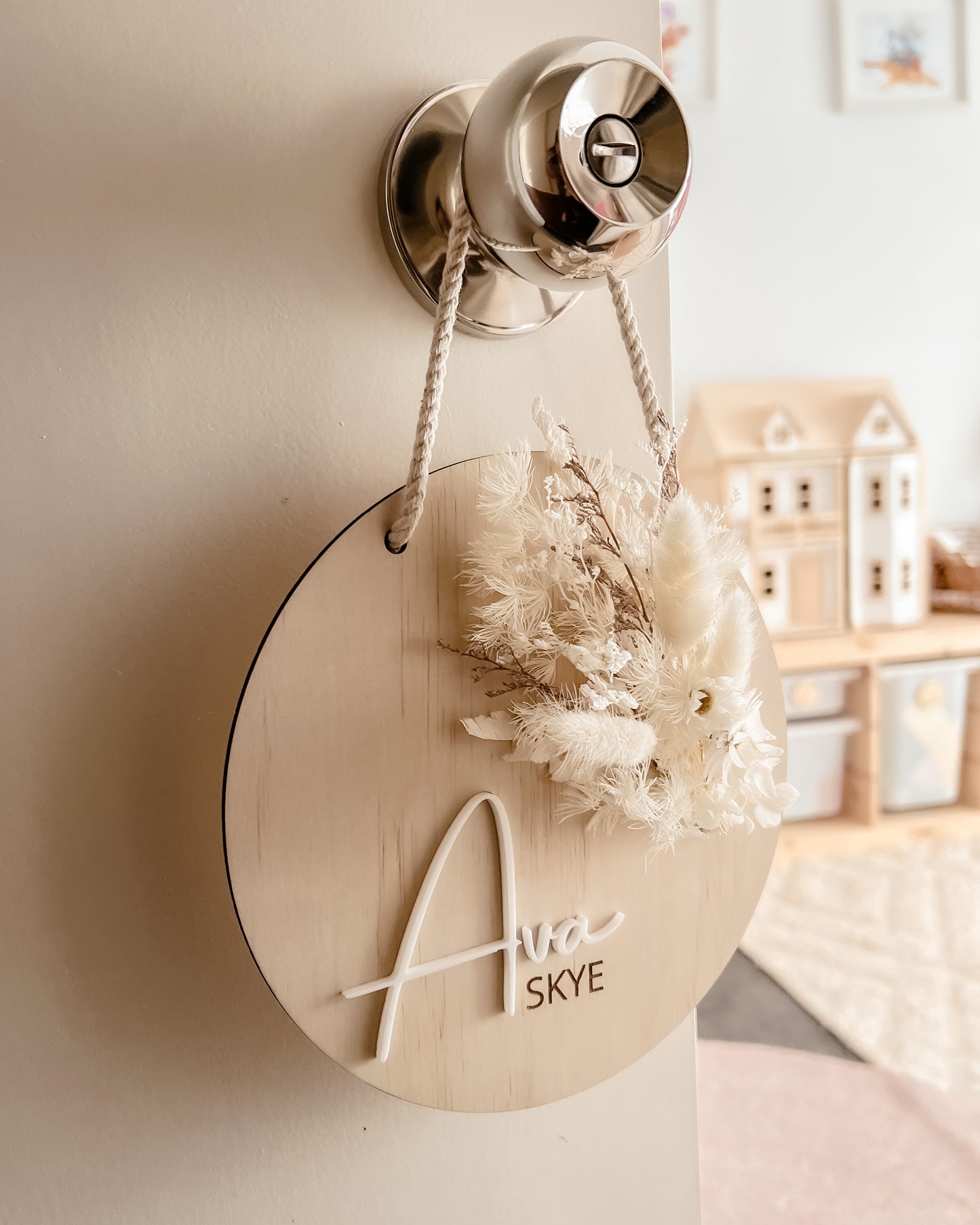 Wooden Name Hanging Plaque w/ mini Dried Flowers