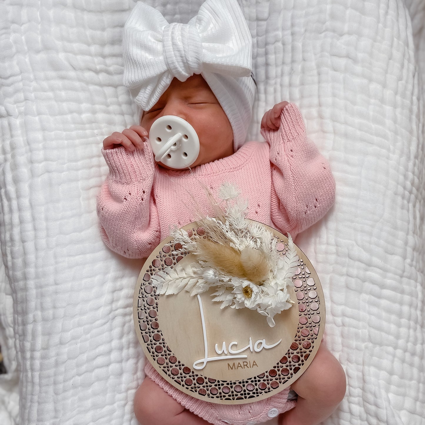 Wooden Rattan Look Name/Announcement Plaque w/ mini Posy