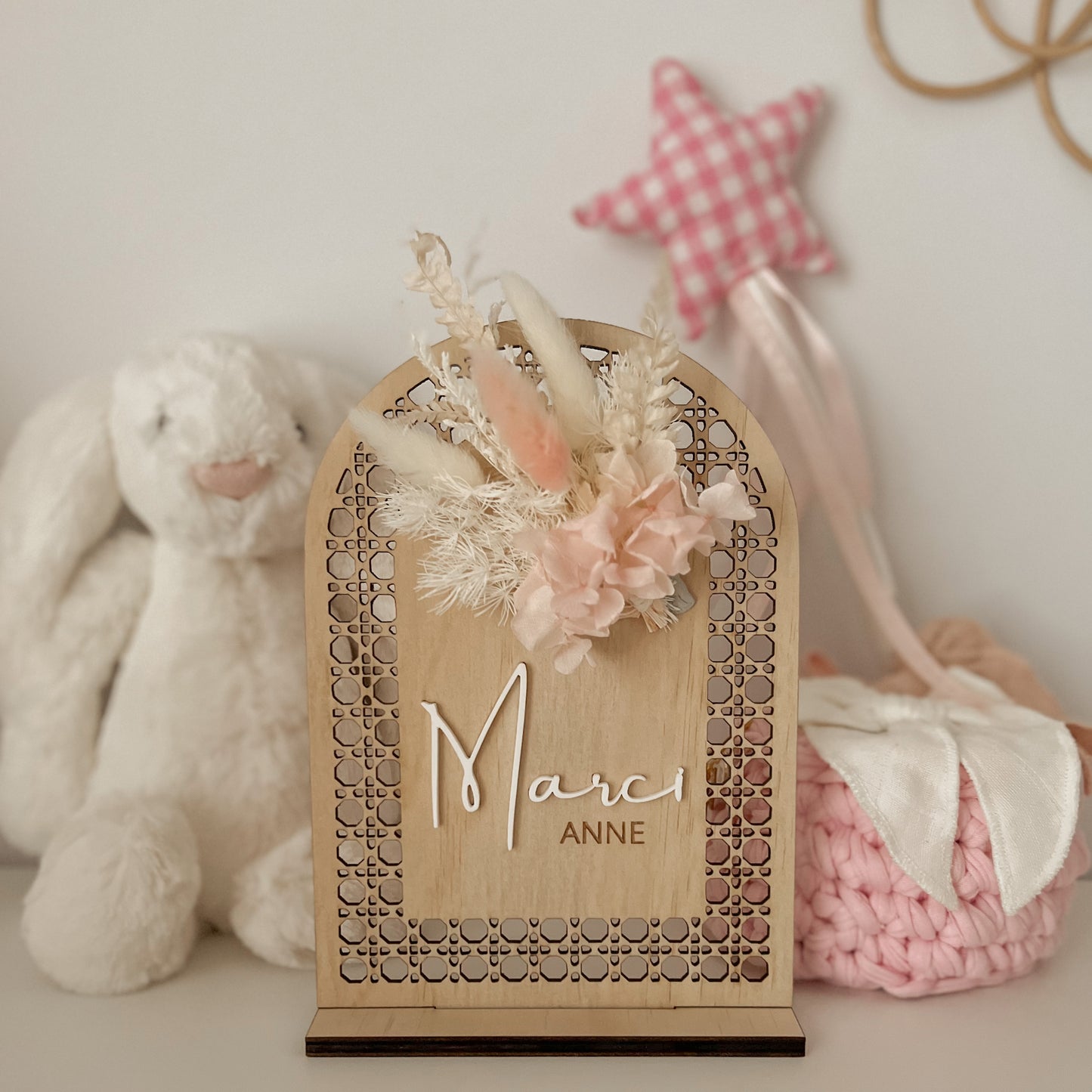 Wooden Rattan Look Name Sign w/ dried flowers (arch)