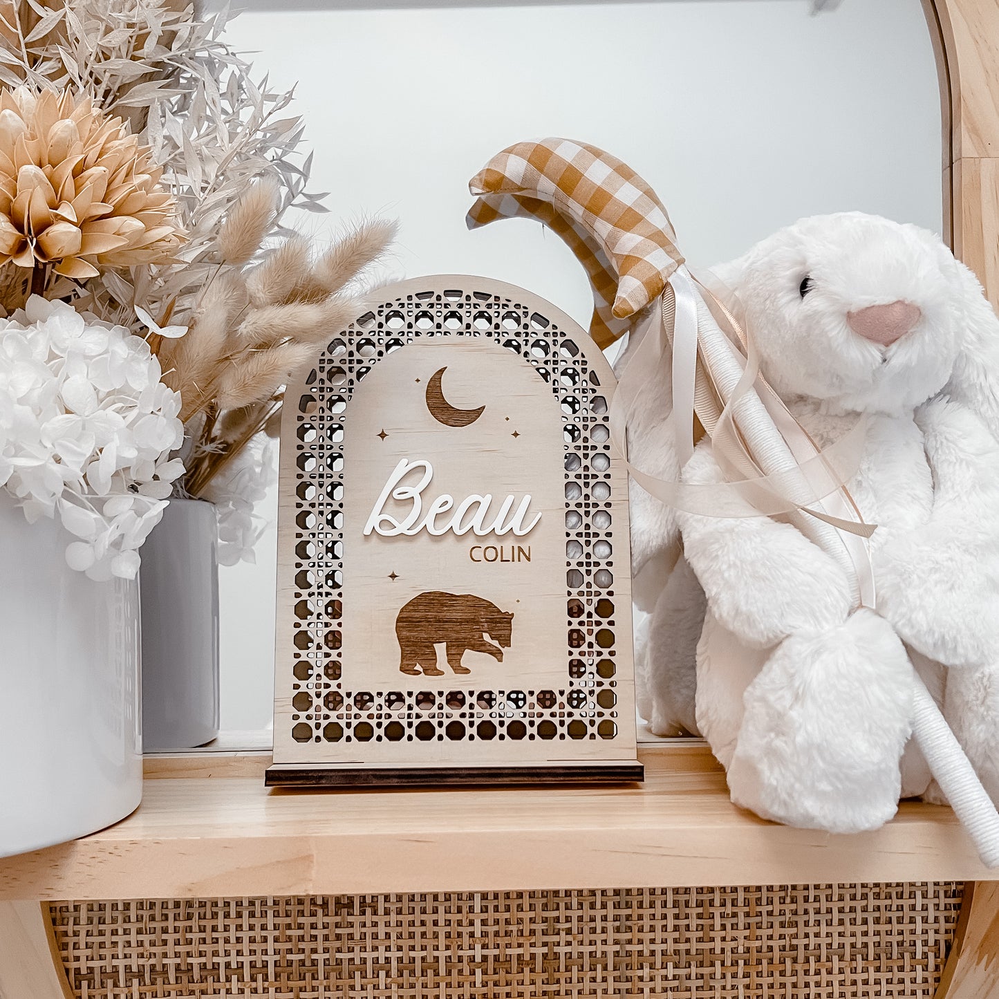 Wooden Rattan Look Name Sign w/ stand (SEVERAL DESIGNS)