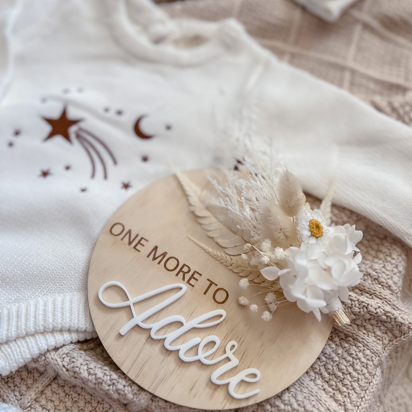 Pregnancy Announcement Plaque w/ dried flowers - One more to adore