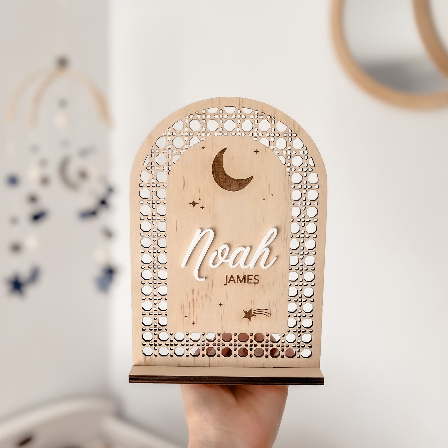 Wooden Rattan Look Name Sign w/ stand (SEVERAL DESIGNS)