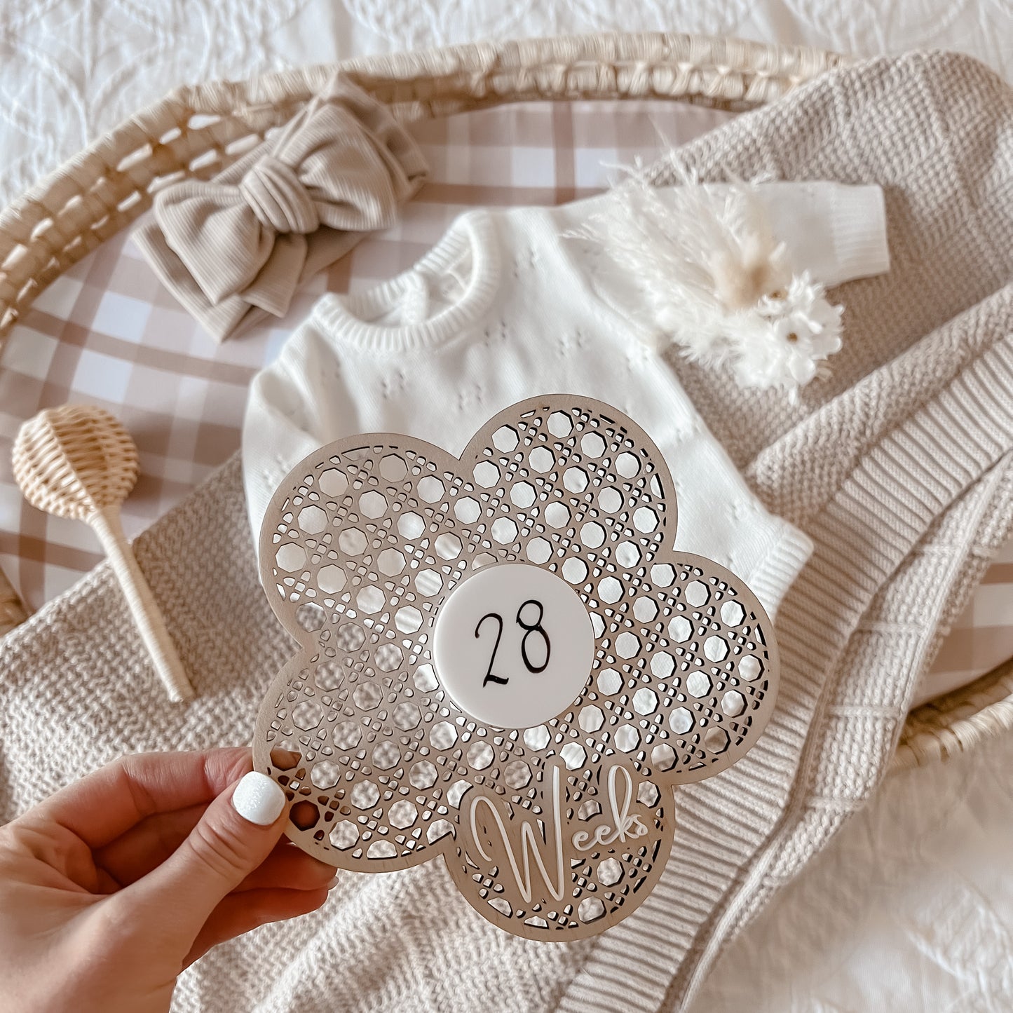 Wooden Rattan Look Blossom Re-useable Milestone Disc