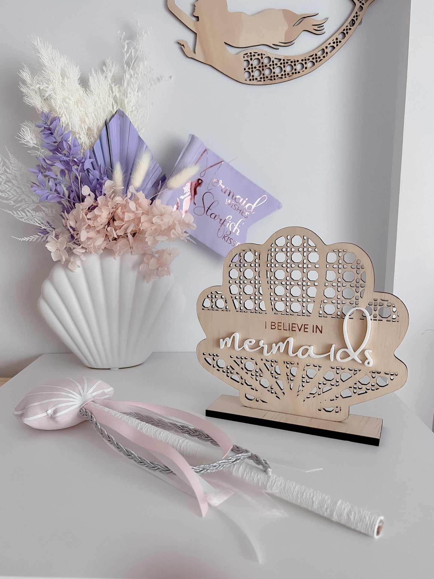 Wooden Rattan Look Mermaid Sign