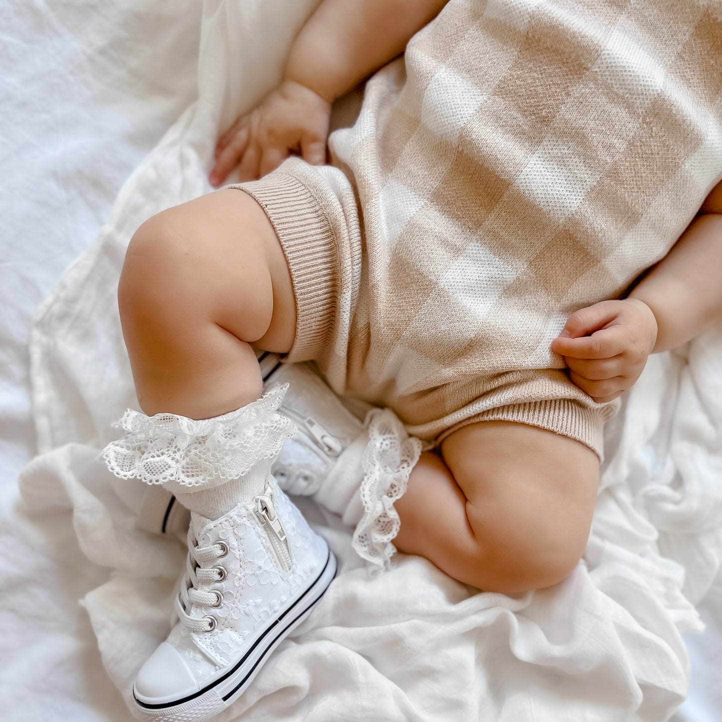 Knit Gingham Overalls - Oatmeal