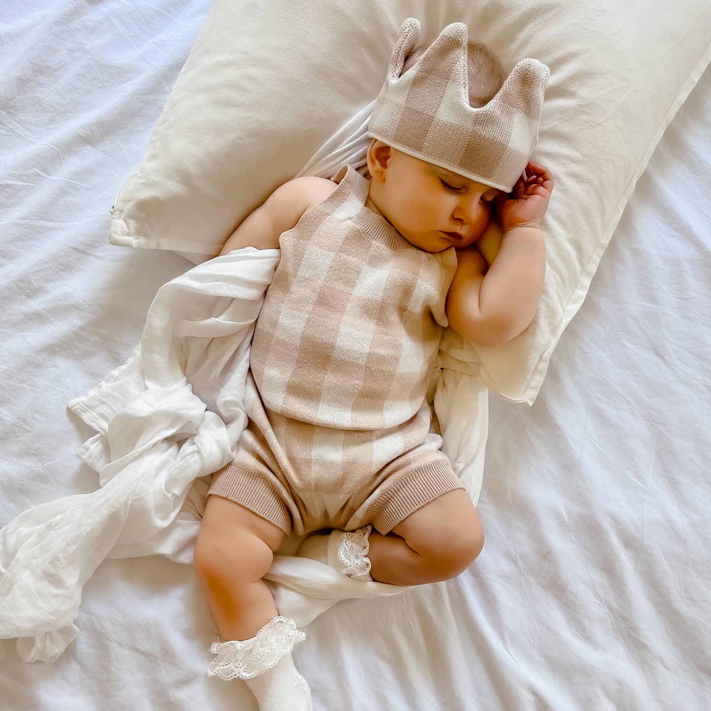 Knit Gingham Overalls - Oatmeal