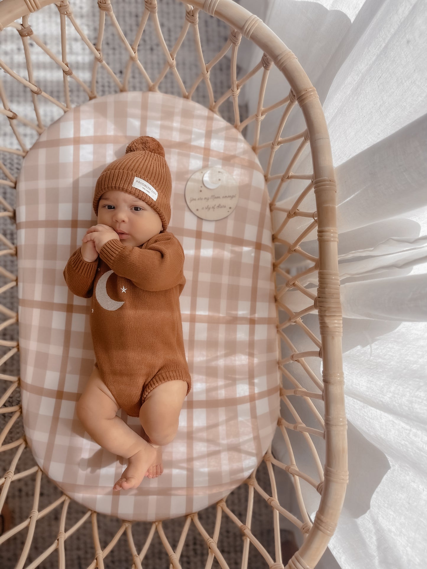 Newborn baby, knit romper. luna romper, knit beanie, Moon plaque, Moon quote, Baby bassinet, plaid bassinet, rattan bassinet