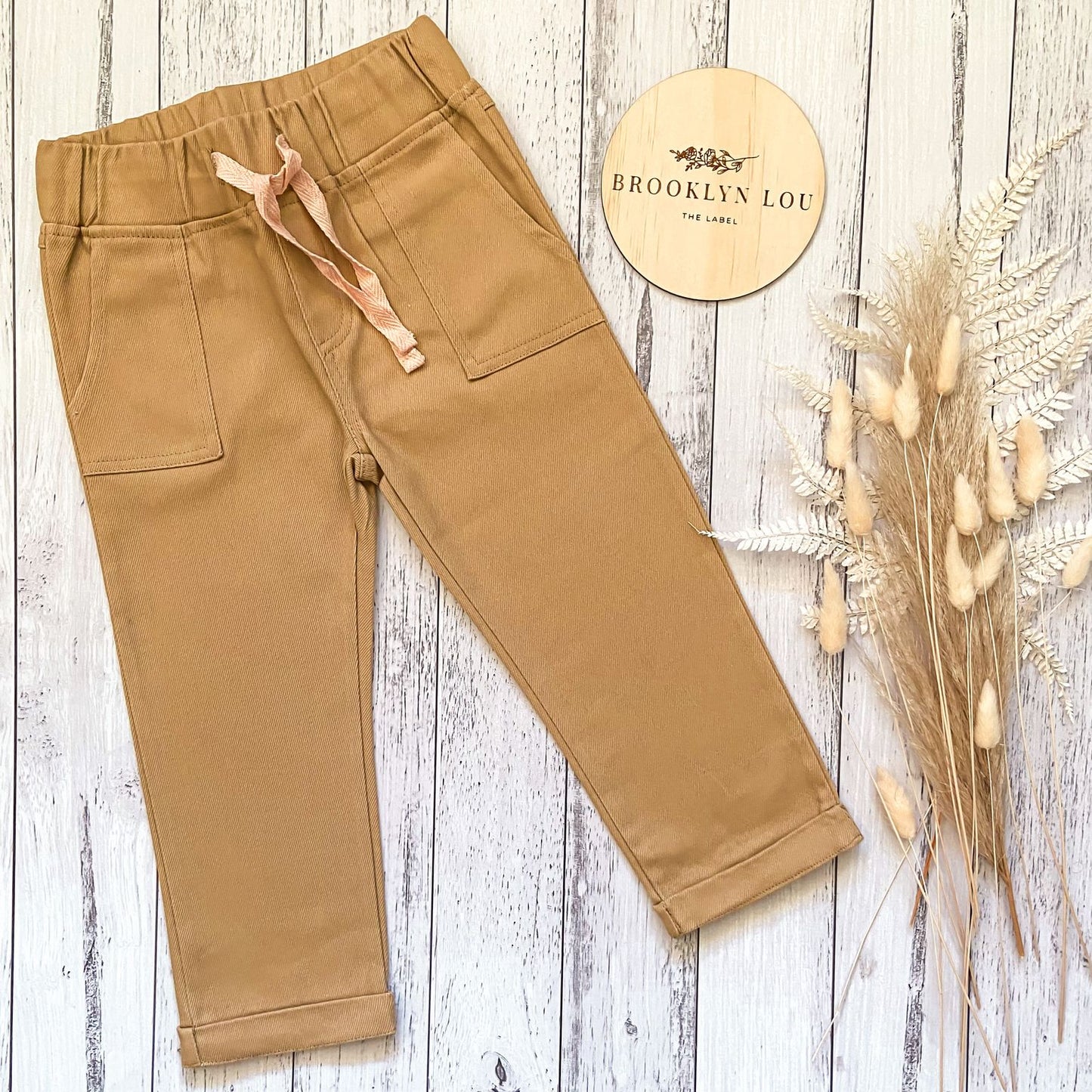 Baby chino pants, drawstring, mustard