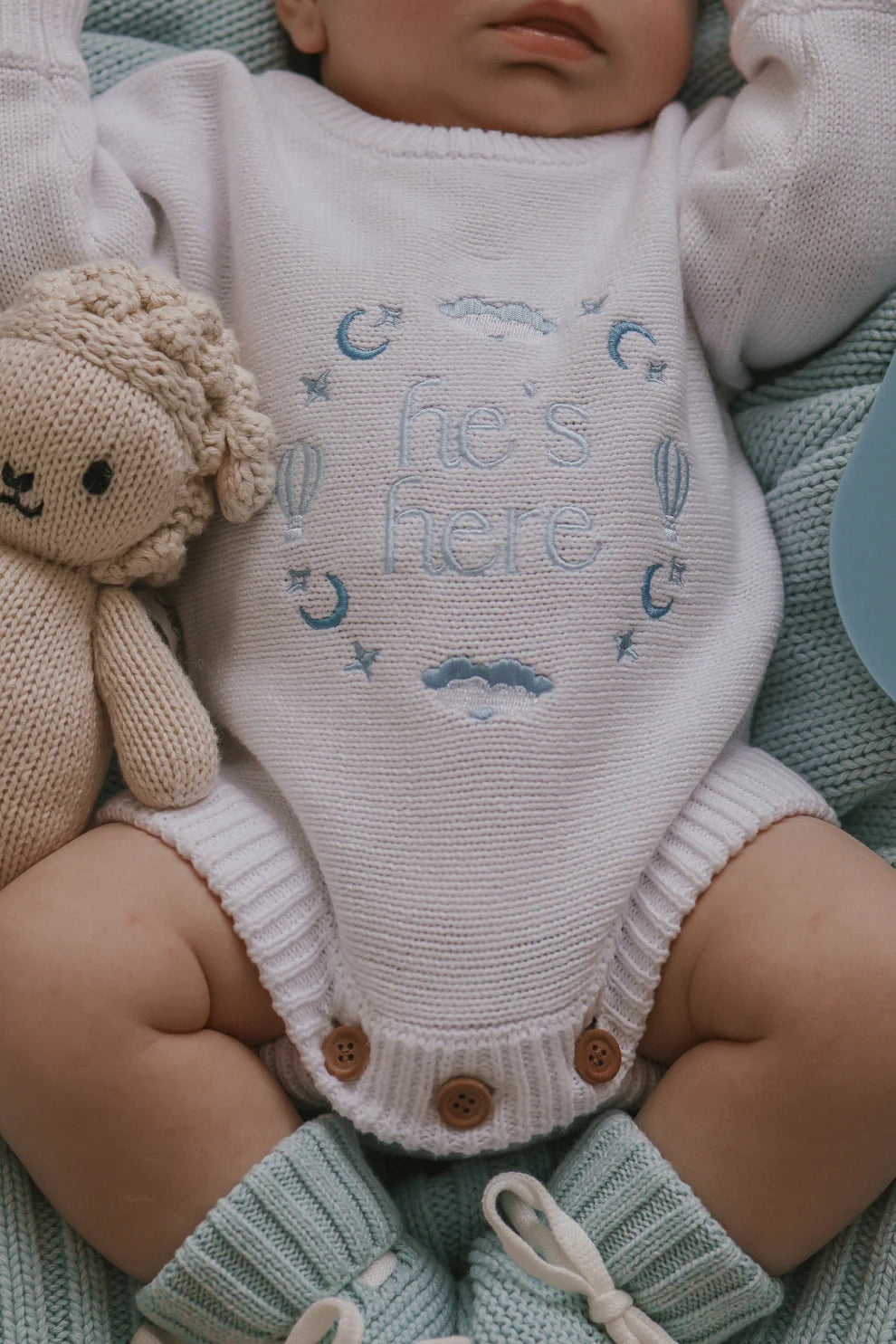 He’s Here Announcement Romper - Cloud/Coconut