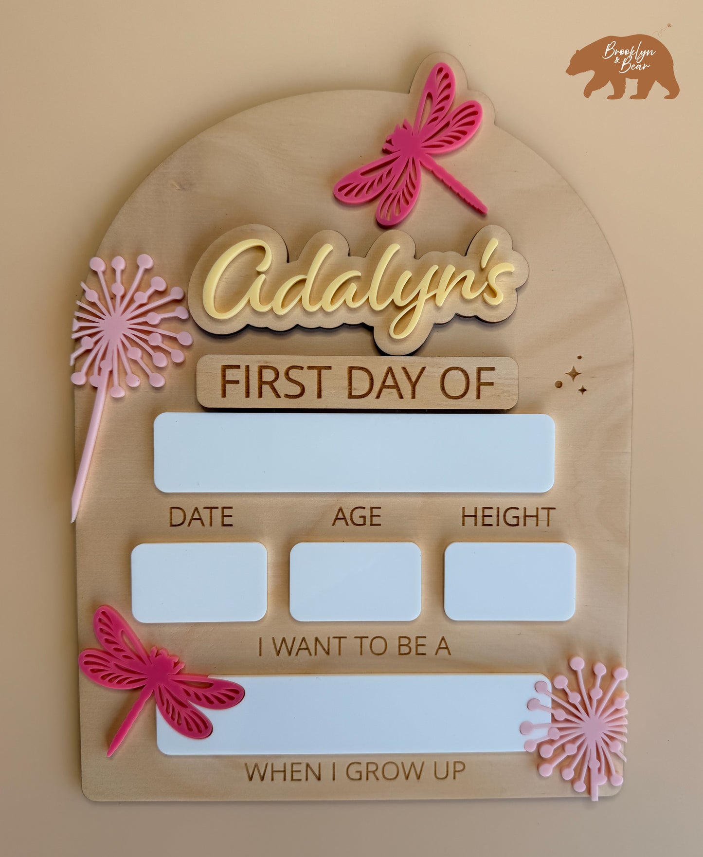 MY FIRST/LAST DAY OF SCHOOL BOARD | DRAGONFLIES | Personalised | Plywood & Acrylic