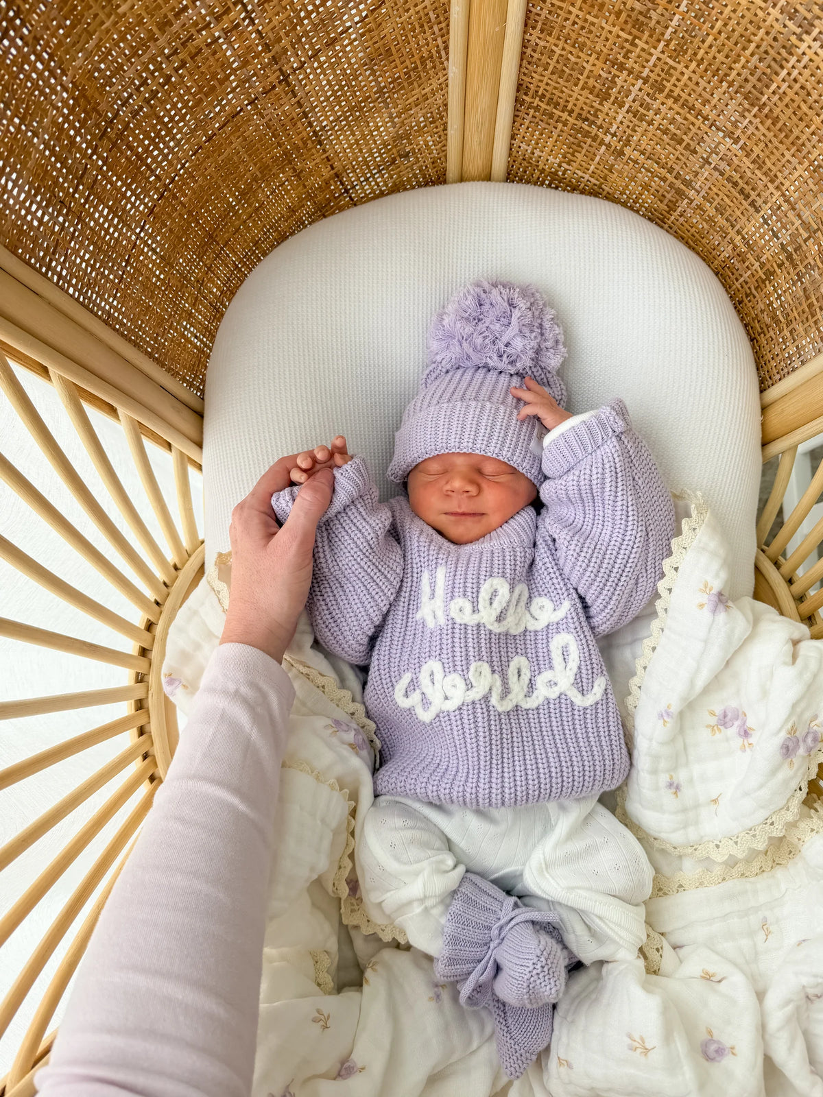 'HELLO WORLD' CHUNKY KNIT JUMPER | Pastel Lilac