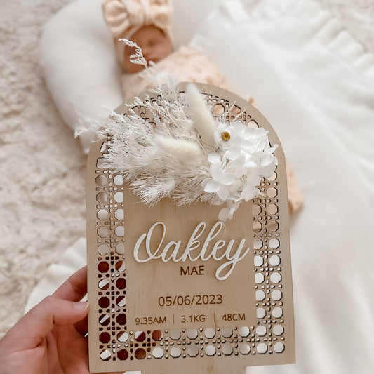 Wooden Rattan Look Birth Details w/ dried flowers (Stand Included)