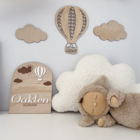Wooden Rattan Look Hot Air Balloon & Clouds