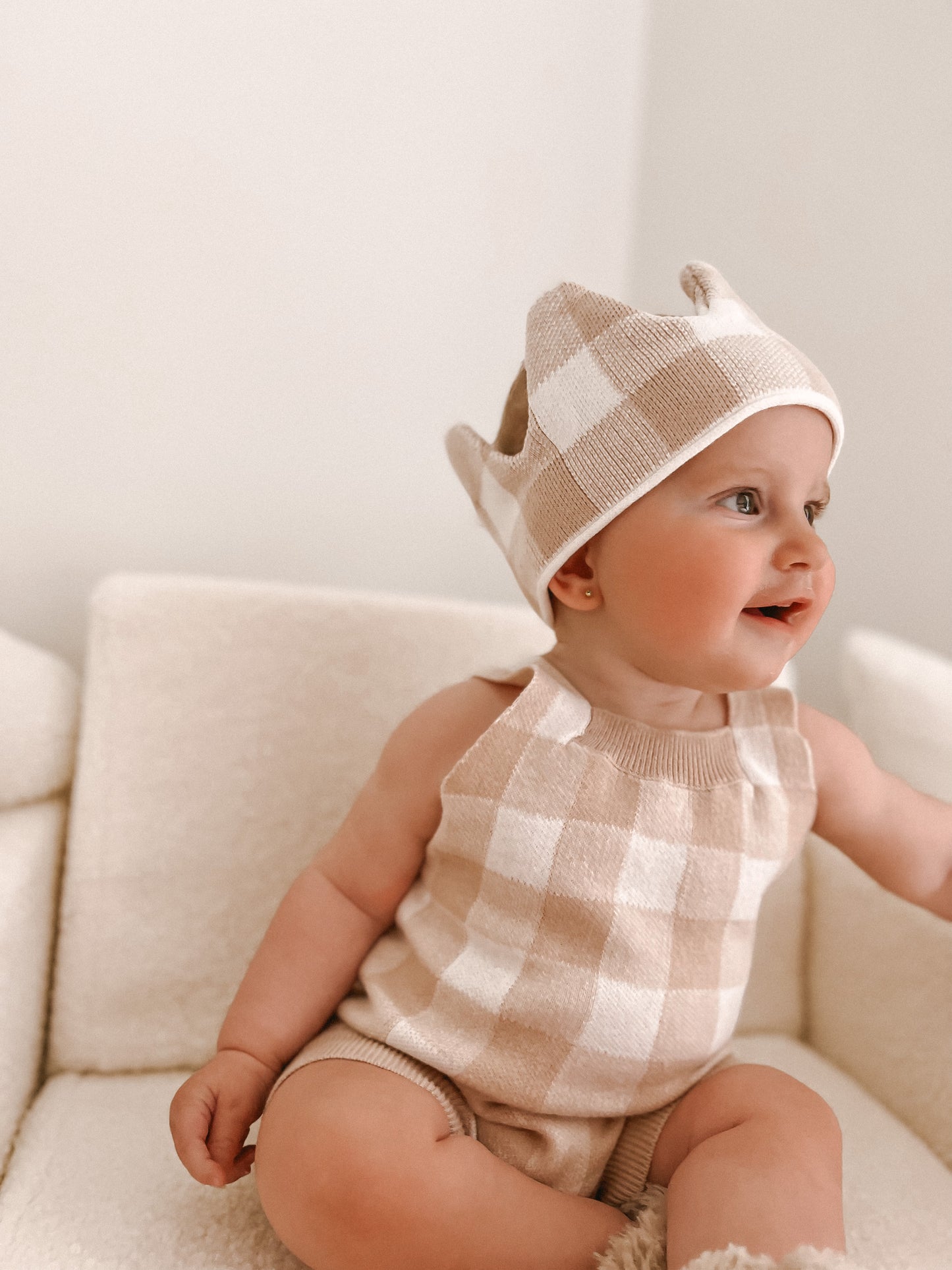 Knit Gingham Overalls - Oatmeal