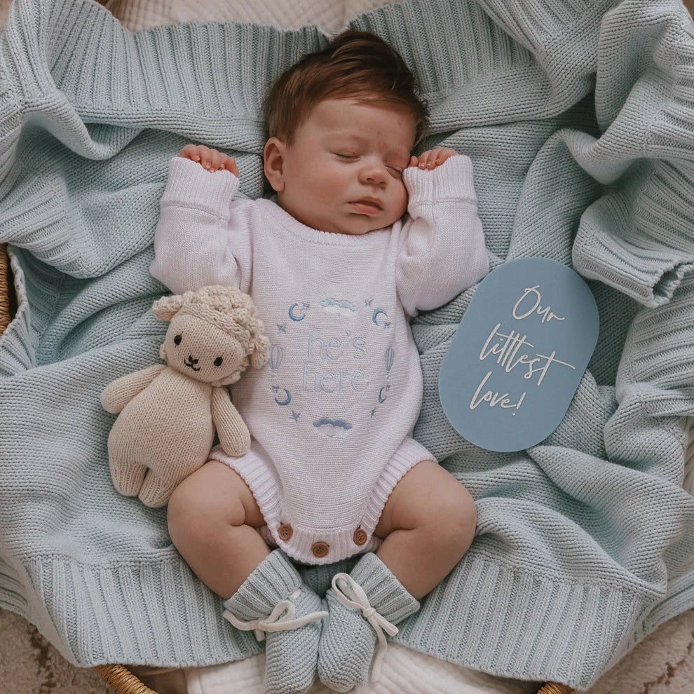 He’s Here Announcement Romper - Cloud/Coconut