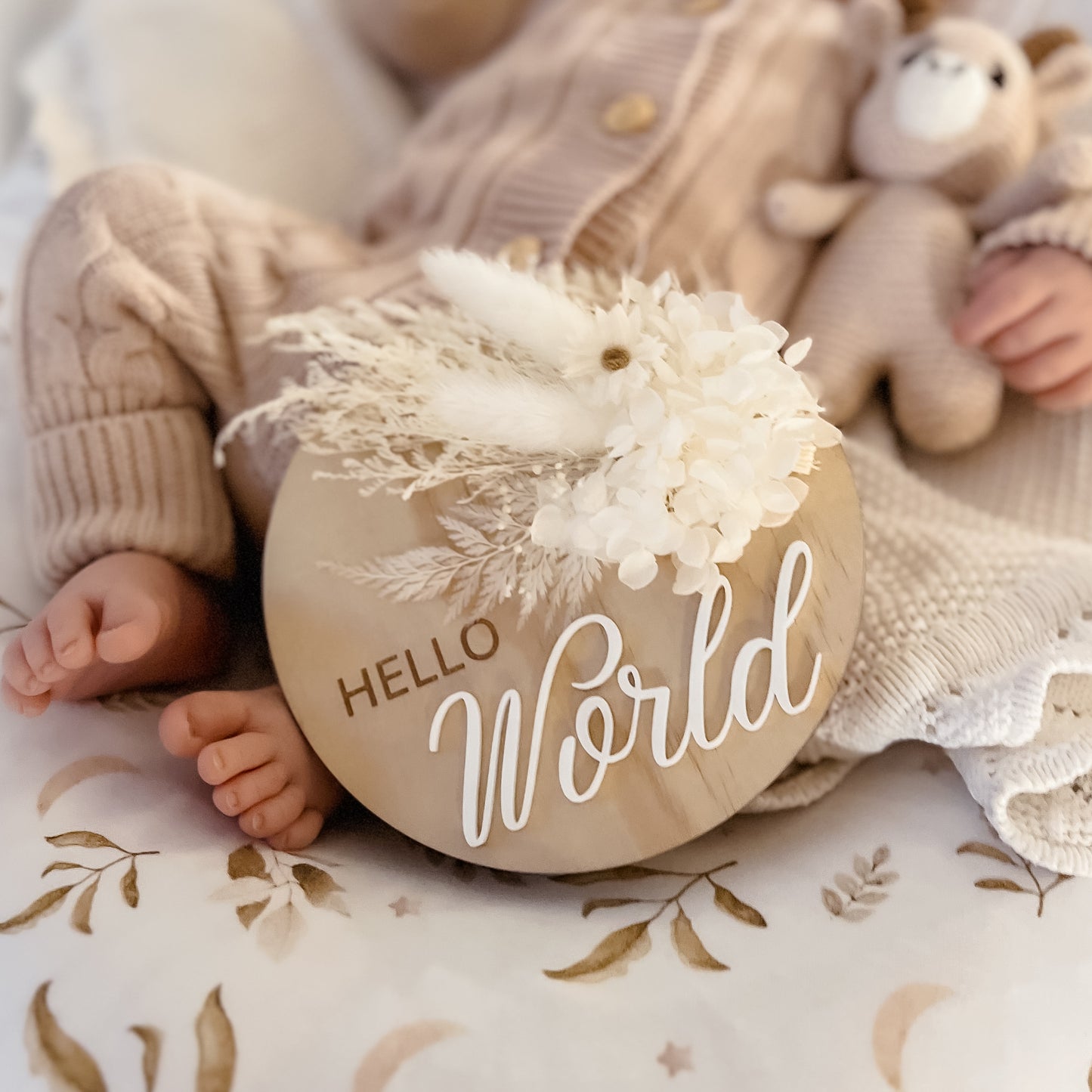 Hello World Announcement Plaque w/ dried flowers