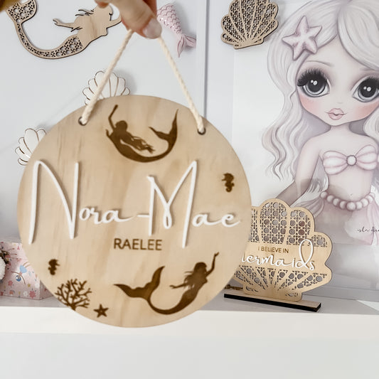 Hanging Wooden Name Plaque - Mermaids