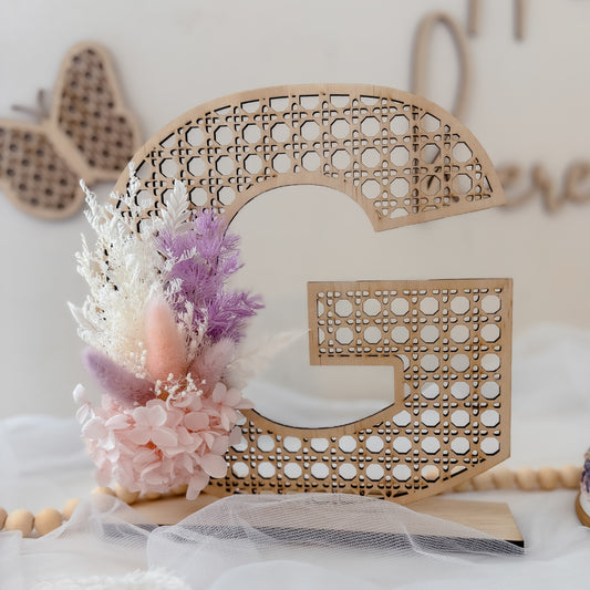 Wooden Rattan Look Letter with dried floral arrangement