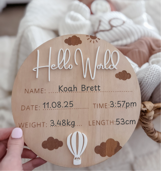 Wooden "Hello World" Birth Announcement Sign - Hot Air Balloon Design - 19cm