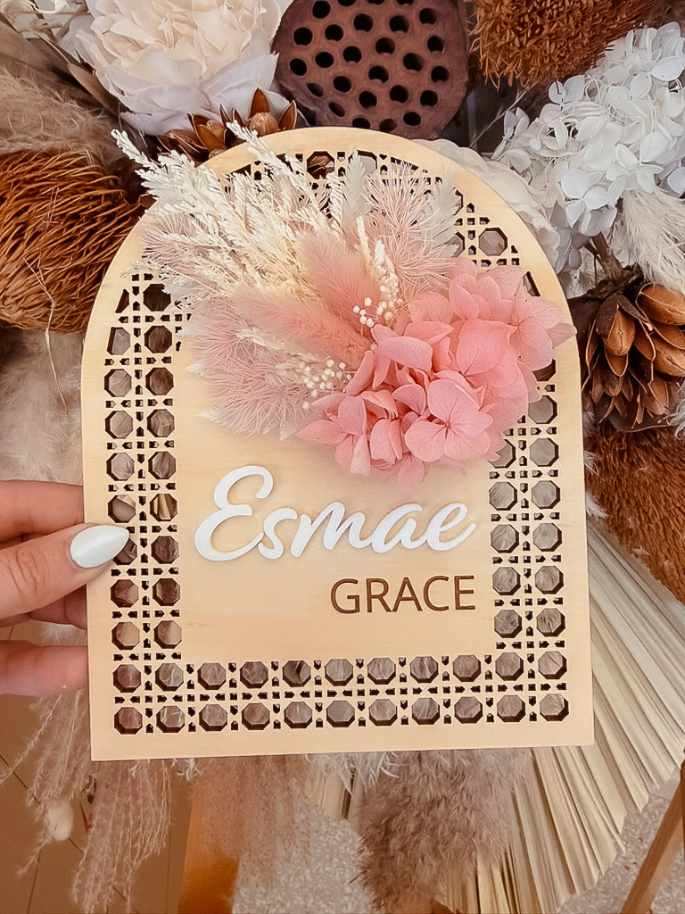 Wooden Rattan Look Name Sign w/ dried flowers (arch)