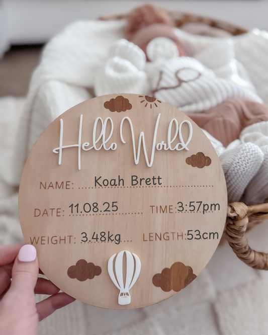 Wooden "Hello World" Birth Announcement Sign - Hot Air Balloon Design - 19cm