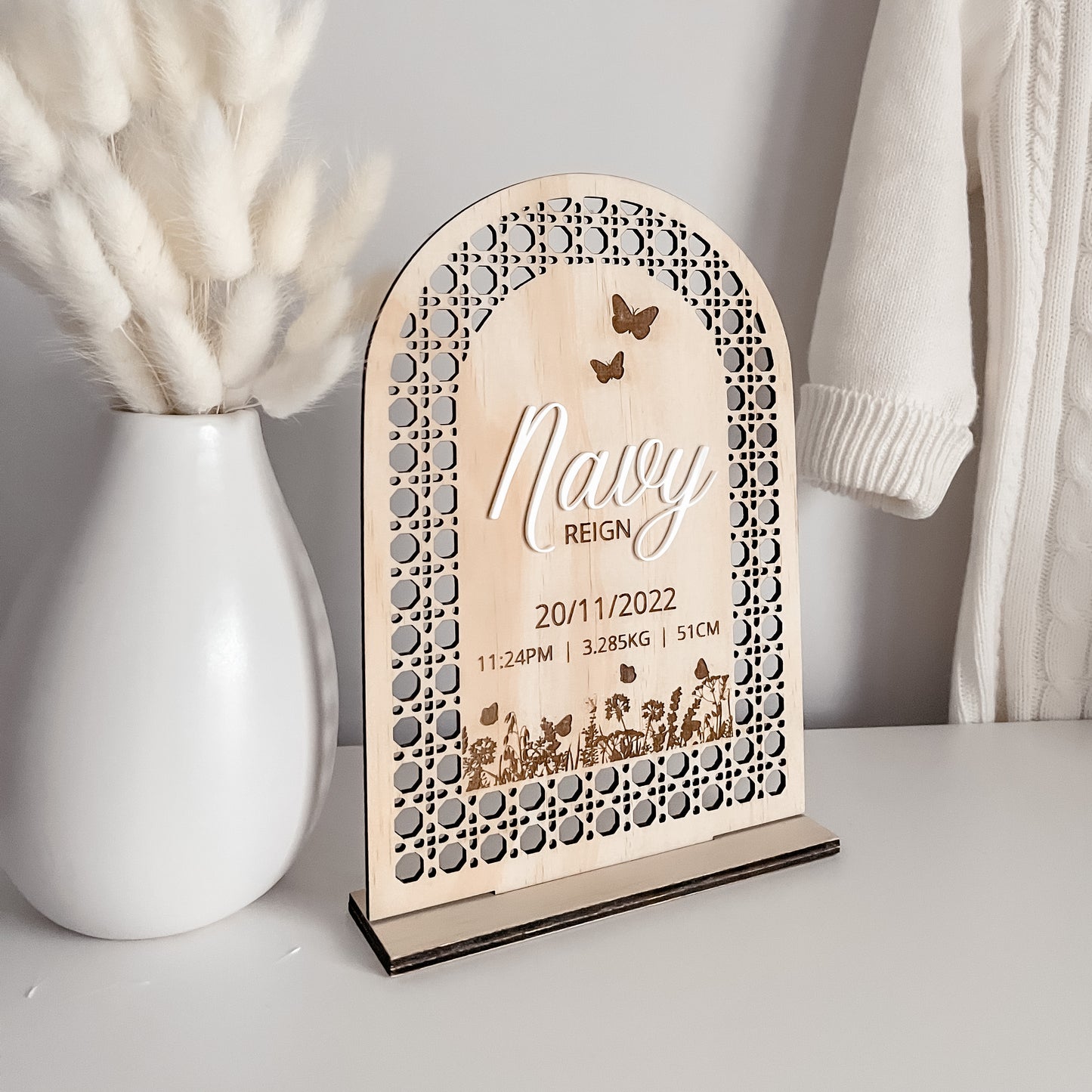 Wooden Rattan Look Name sign with Birth details w/ stand