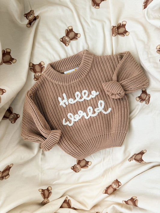 'Hello World' Chunky Knit Jumper - Teddy