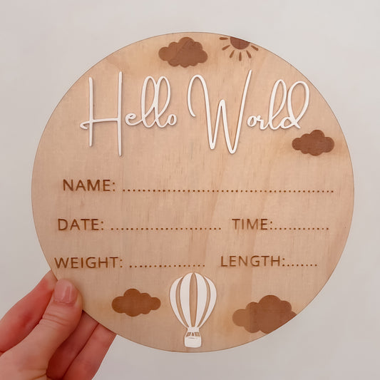Wooden "Hello World" Birth Announcement Sign - Hot Air Balloon