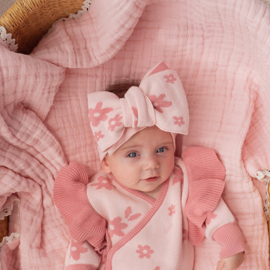 KNITTED OVERSIZED TOPKNOT | DAISY FLORAL STRAWBERRY