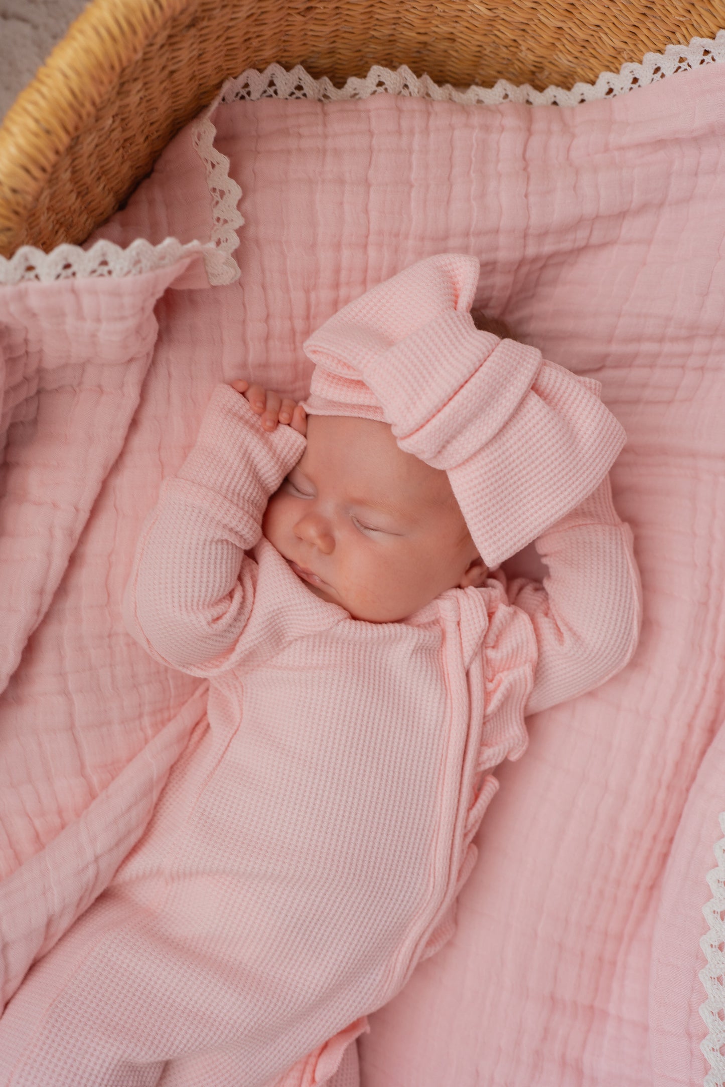 FRILL ZIP ROMPER | BABY PINK WAFFLE