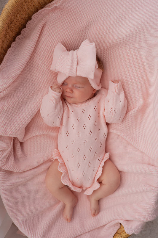 FRILL KNIT POINTELLE ROMPER | BABY PINK