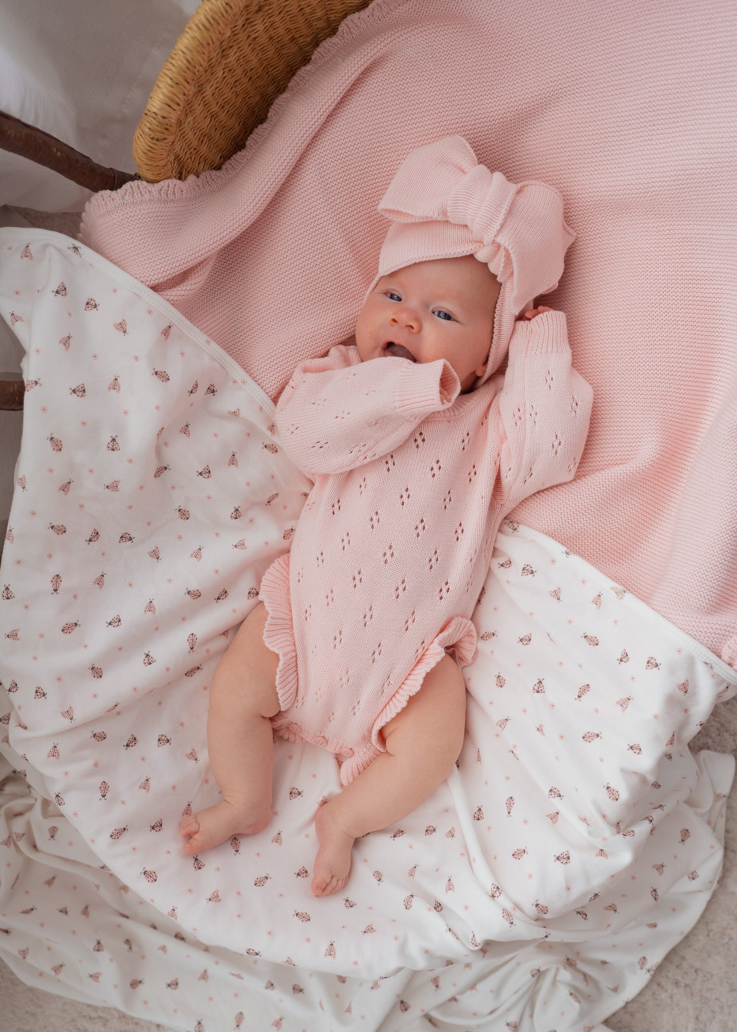 FRILL KNIT POINTELLE ROMPER | BABY PINK