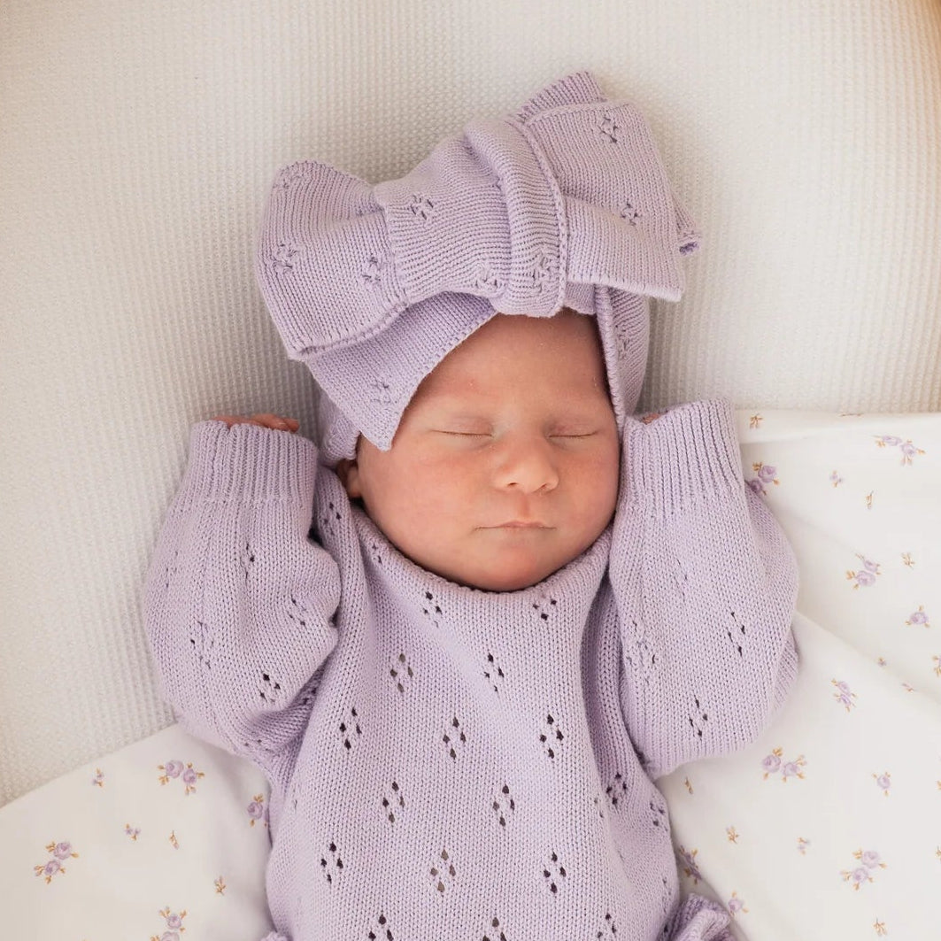 KNITTED OVERSIZED TOPKNOT | Pastel Lilac Pointelle