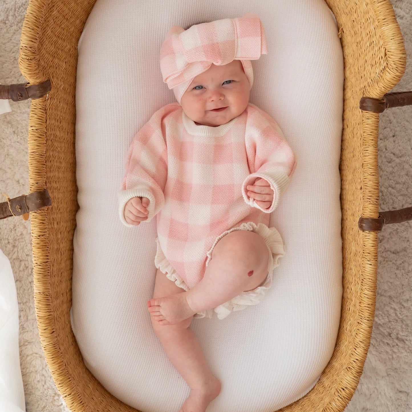 FRILL KNIT ROMPER | Pink Gingham