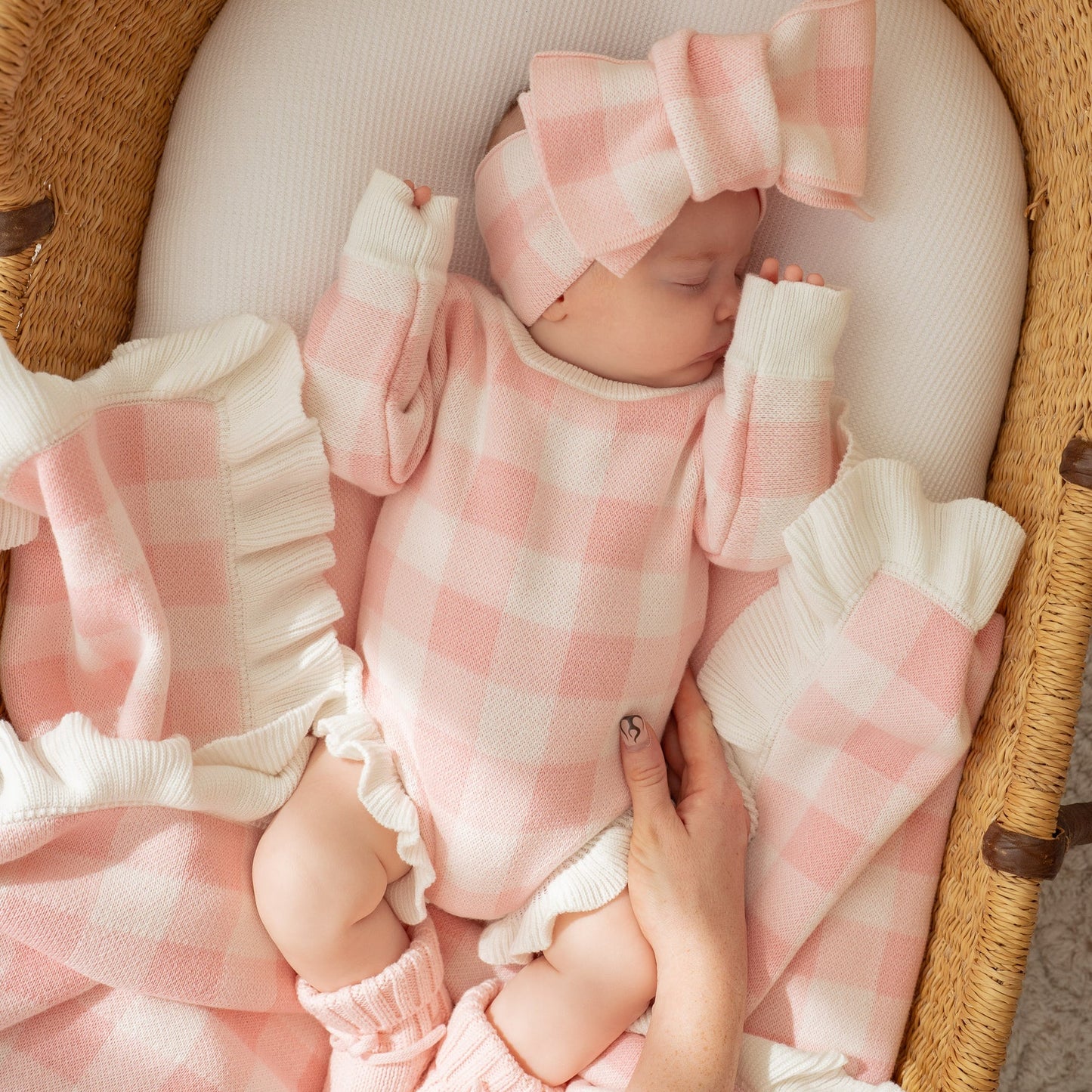 FRILL KNIT ROMPER | Pink Gingham