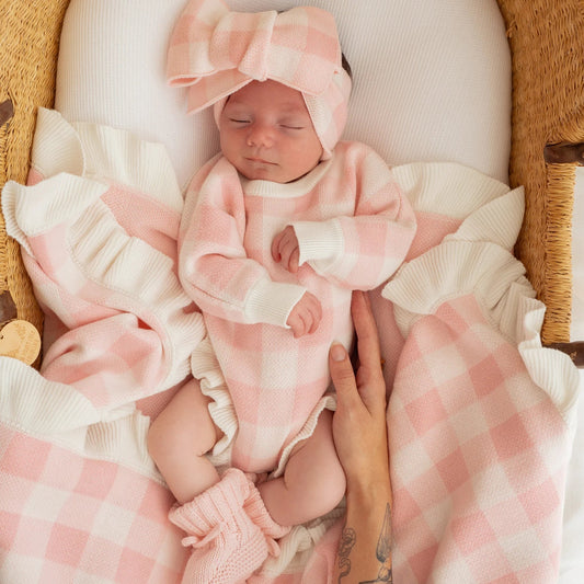 FRILL KNIT ROMPER | Pink Gingham