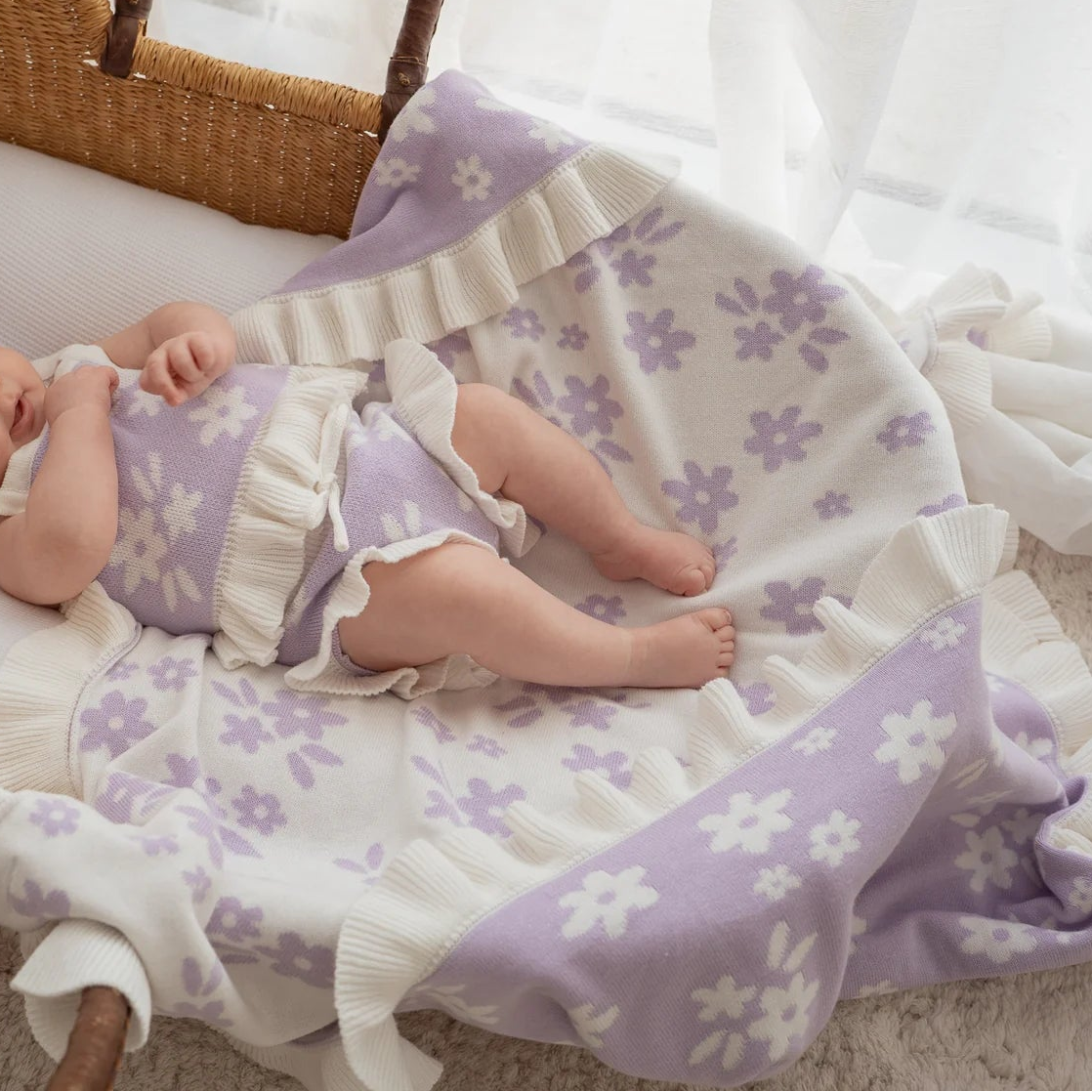 FRILL KNIT BLANKET | Daisy Floral Lilac