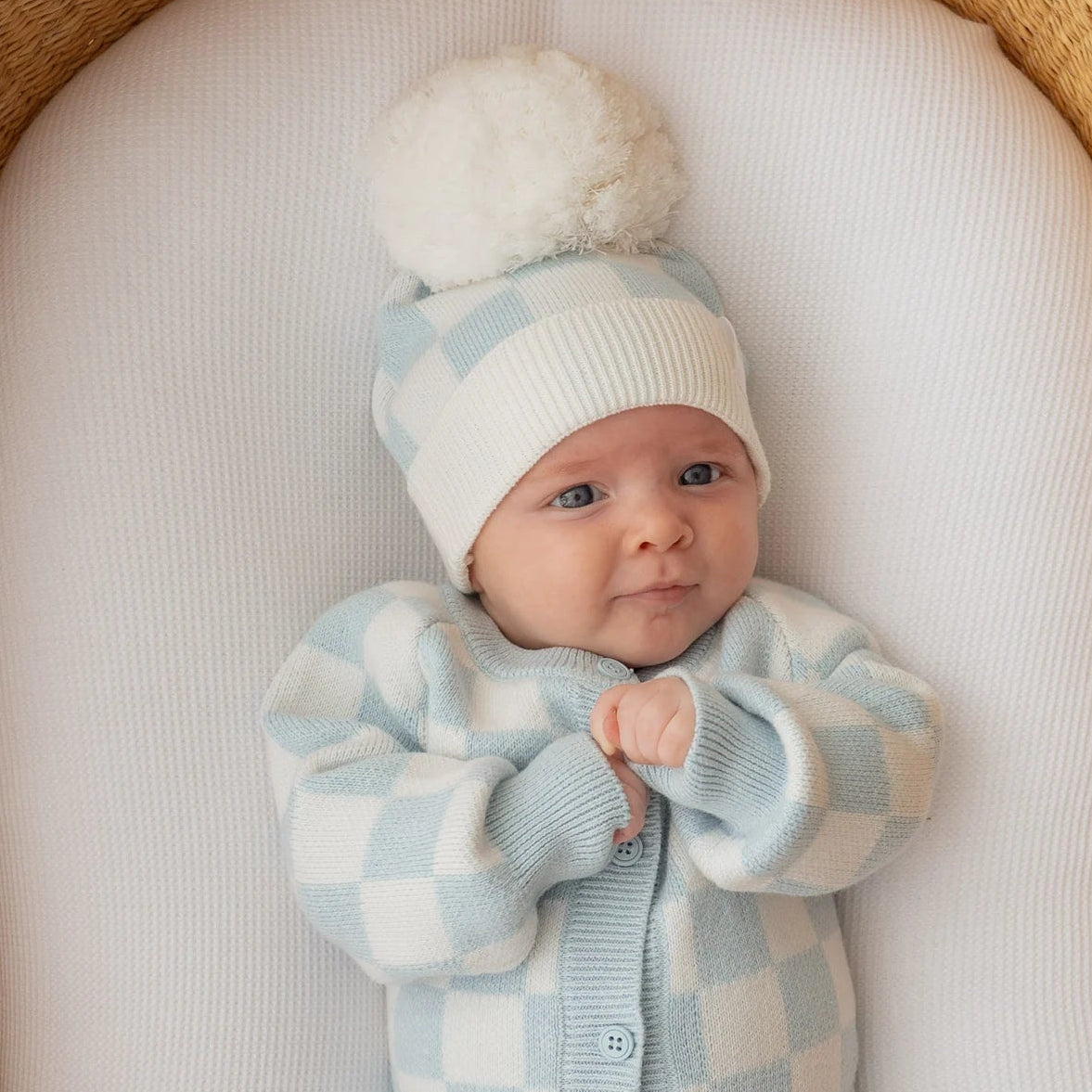 KNITTED POM BEANIE | Blue Checker