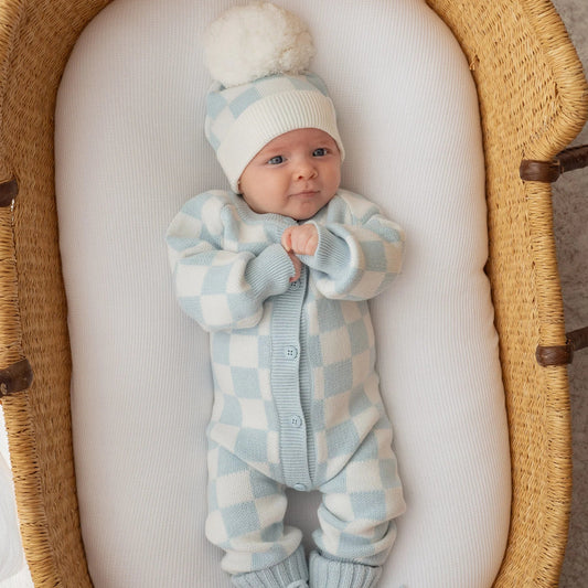 CLASSIC KNIT ROMPER | Sky Blue Checker