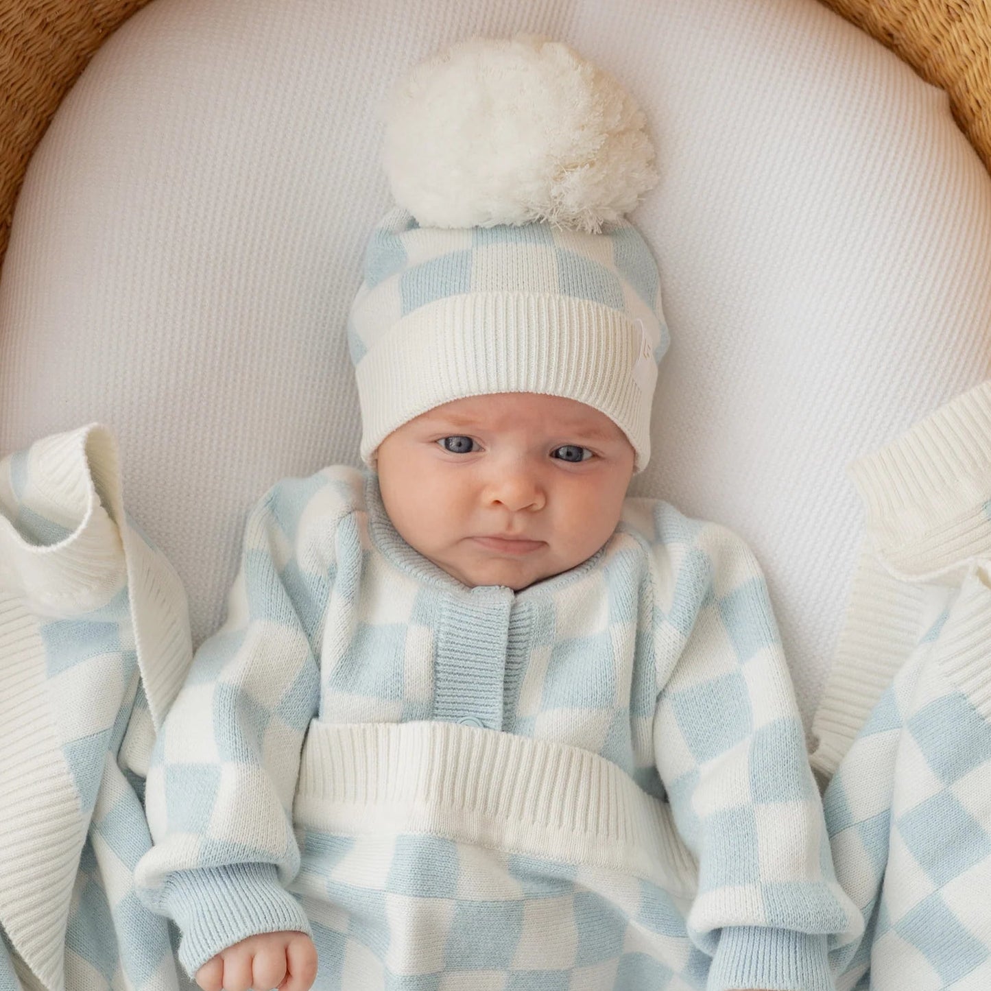 KNITTED POM BEANIE | Blue Checker