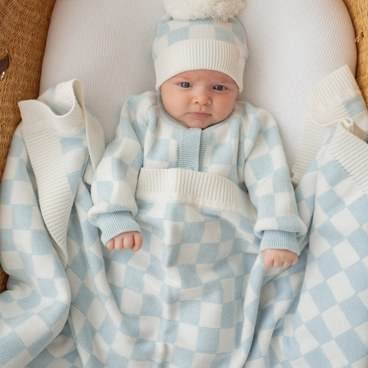 BORDER KNIT BLANKET | Blue Checker