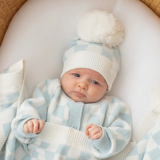 KNITTED POM BEANIE | Blue Checker